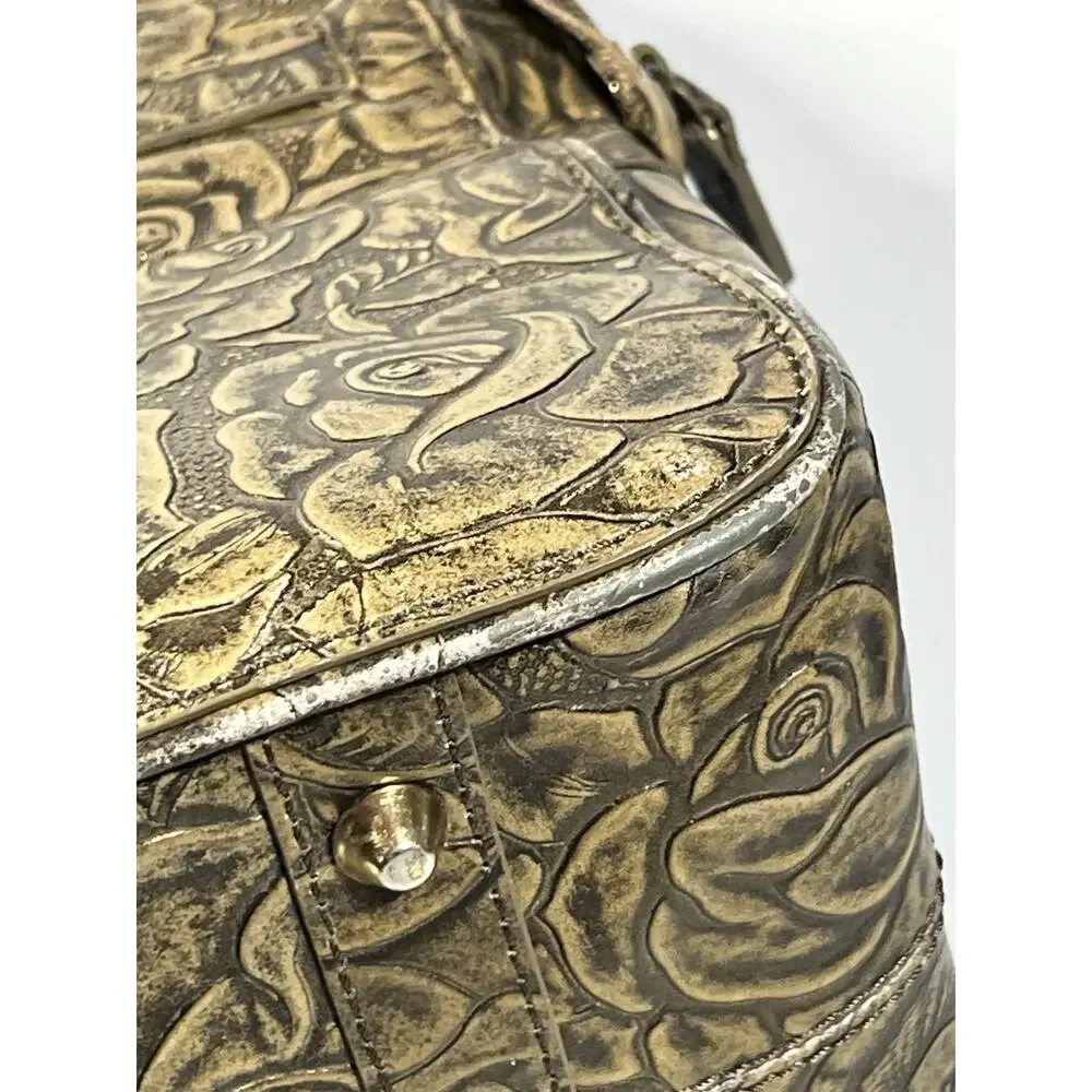 Maxx New York Floral Embossed Patent Leather Satchel Gold Zip Top Shoulder Bag